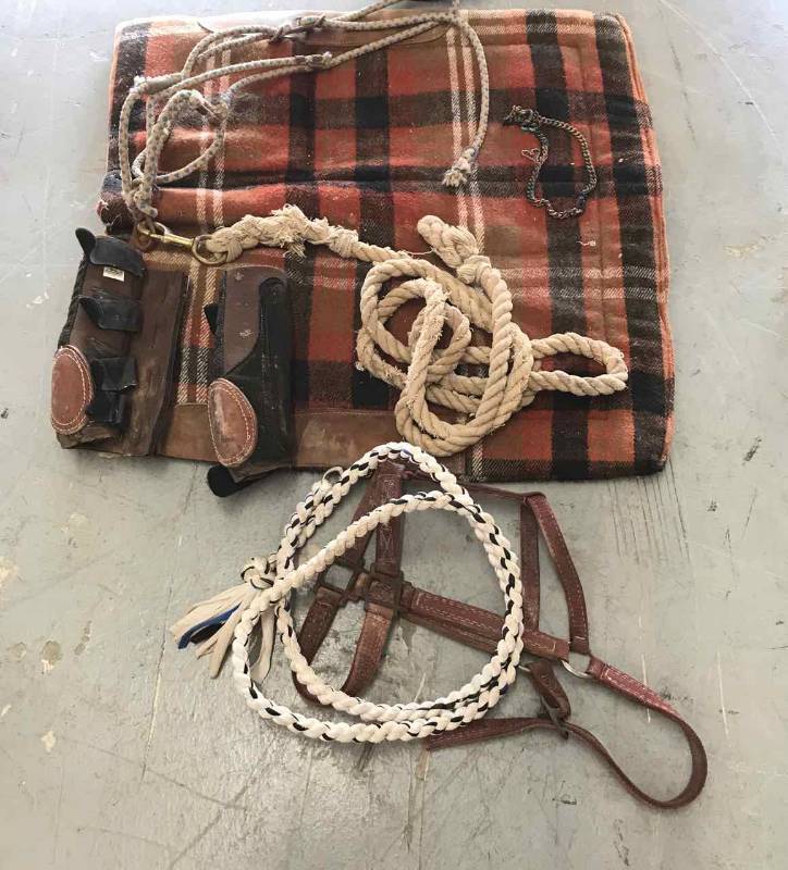 lot 411 image: Asst. Halters, Lead Ropes, Saddle Pad, Leg Covers, Etc.