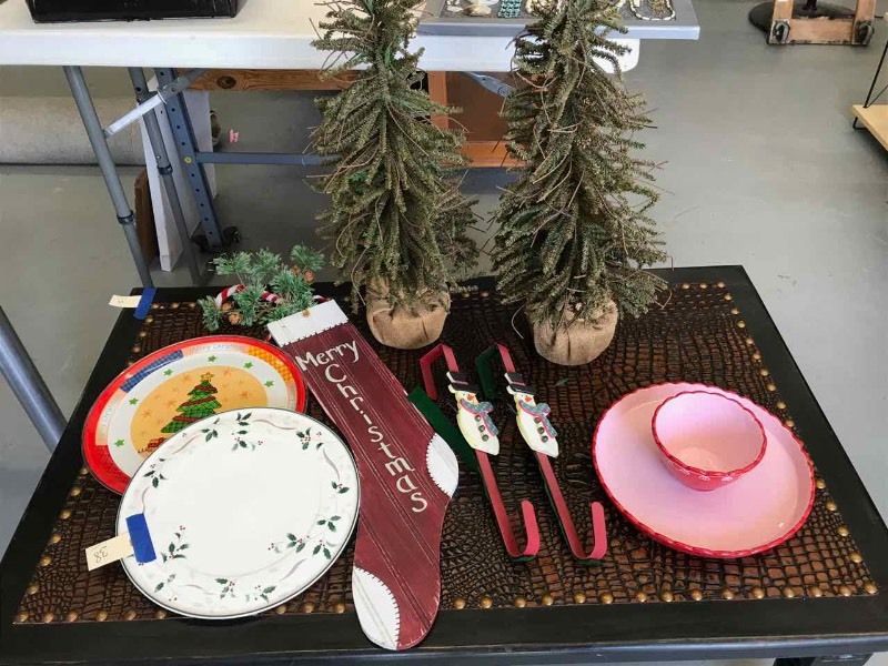 lot 38 image: Christmas Christopher Stuart Holiday Splendor Bone China Cake Plate, Little Trees, Wood Stocking, Door Hangers, Crudite