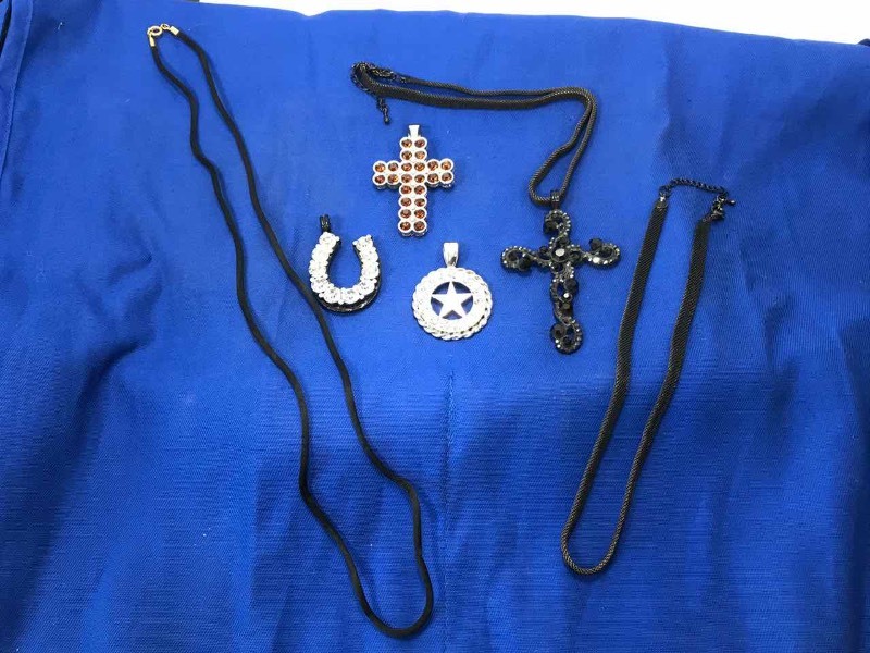 lot 120 image: (4) Necklaces with Glitzy Pendants (Horseshoes, Crosses, Star)