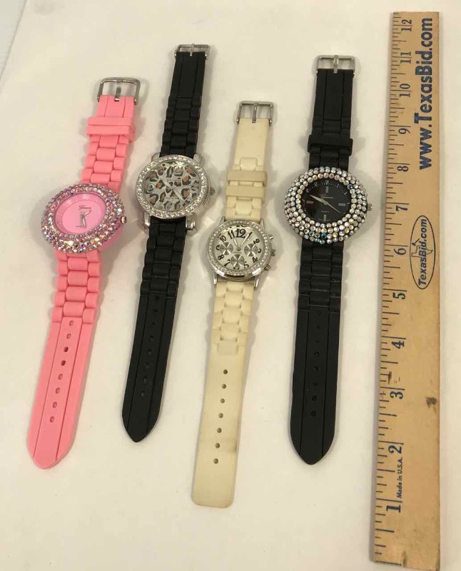 lot 143 image: (4) Wrist Watches Pink Geneva, Black Geneva, Leopard Geneva, White Band