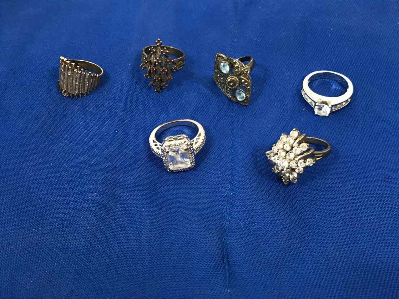 lot 148 image: (3) Rings RedPink 7-12, Clear 7-12, Blue & Marcasite 8