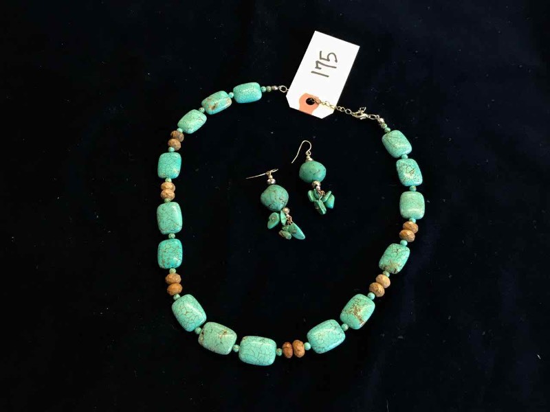 lot 175 image: Turquoise Rectangular Stone Necklace, Earrings