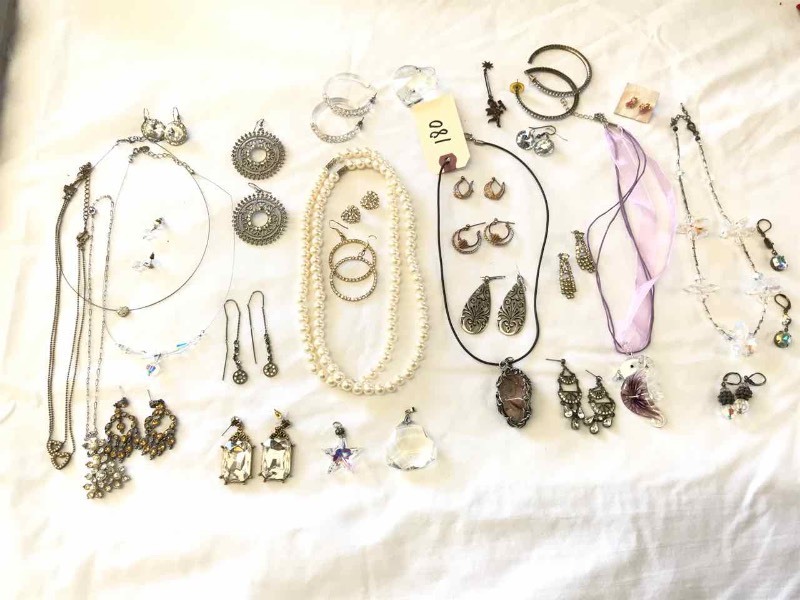 lot 180 image: Crystal Necklaces, Blown Glass Sea Horse Necklace, Rhinestones, Earrings, Etc.