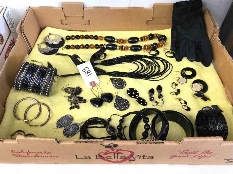 lot 183 image: Black Costume Jewelry, Driving Gloves, Earrings, Necklaces, Etc.