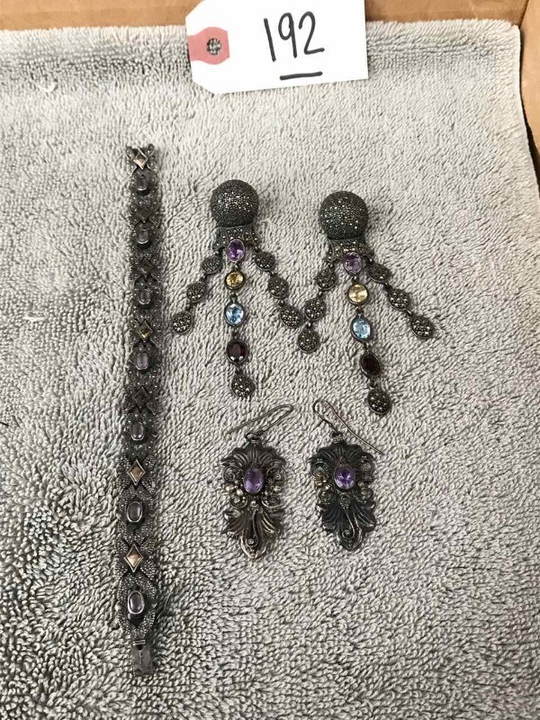 lot 192 image: Sterling Silver Bracelet with Stones, (2) Pair Pierced Earrings