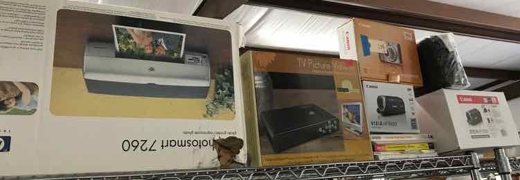 lot 208 image: (4) Items Canon Camcorder, Photosmart Printer, Picture Viewer, Canon Power Shot Digital Camera
