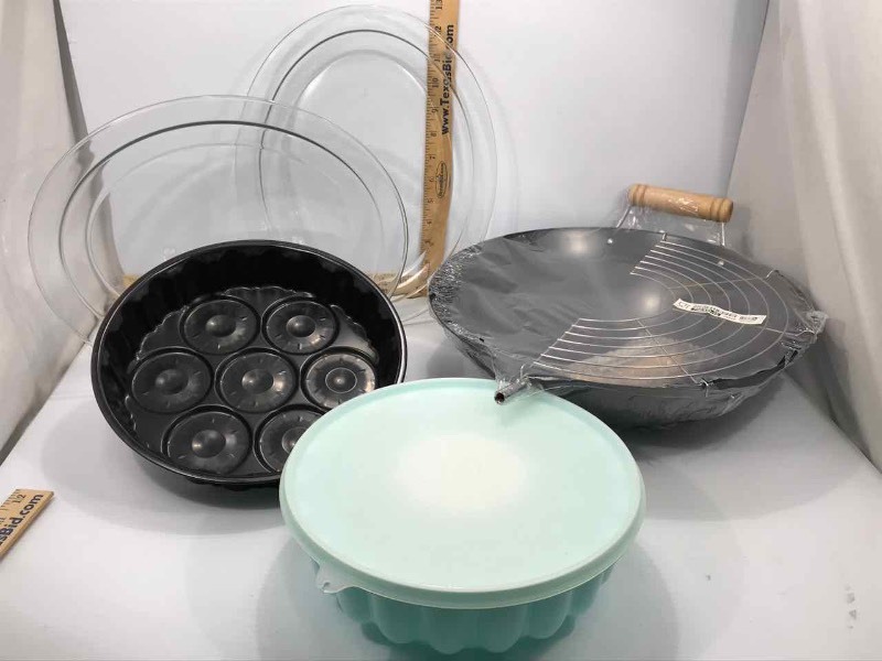 lot 220 image: Wok, (2) Glass Platters, Cake Pan, Tupperware Mold