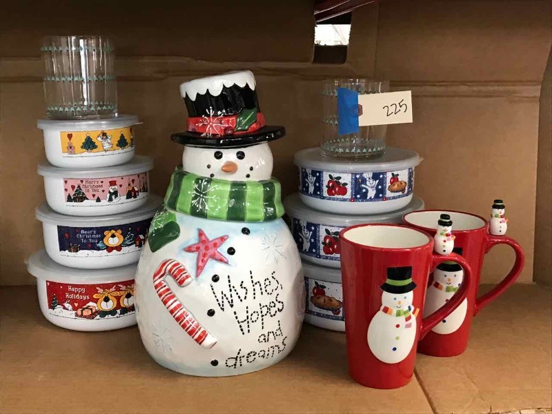 lot 225 image: Enamel Food Storage Bowls with Lids, Snowman Cookie Jar, Snowman Cups, Cocktail Glasses