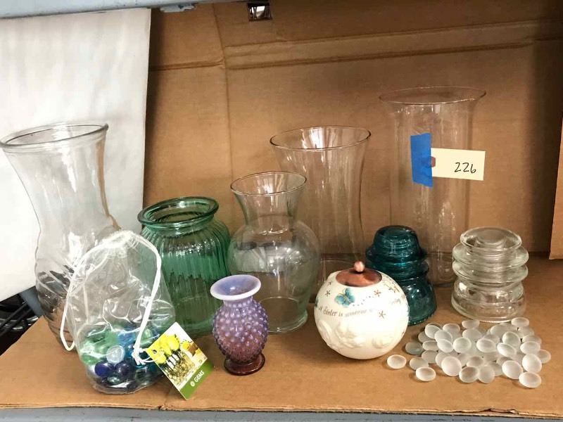 lot 226 image: Gems, Vases, Tea Light Ball, (2) Glass Insulators