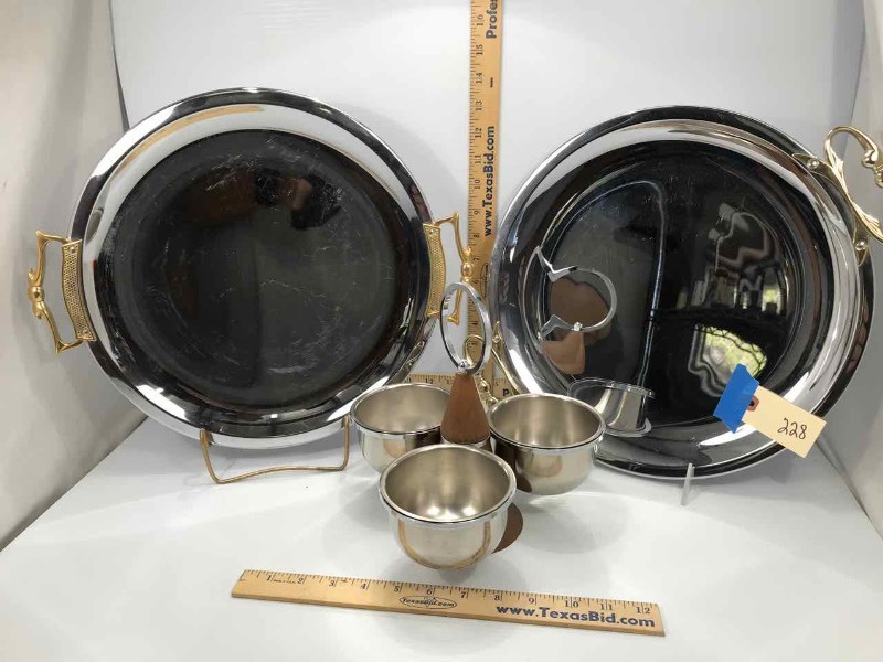 lot 228 image: (2) Mid-Century Kromex Serving PlattersTrays, (1) Condiment Server