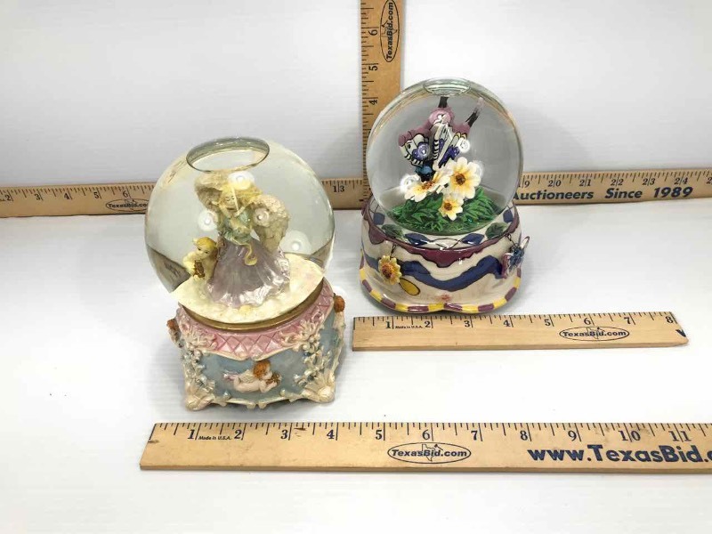 lot 232 image: (2) Musical Water Globes Ceramic Butterflies, Resin Angel