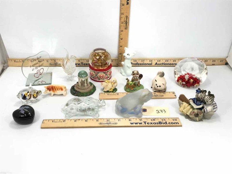 lot 233 image: Animal Figurines, Heart Box, Water Globe Bears, Glass Turtle, Satin Frog, Glass Pig, Etc.