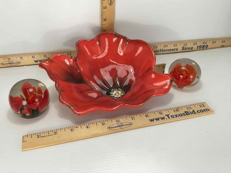 lot 242 image: (3) Red Flower Dish, (2) Glass Paperweights
