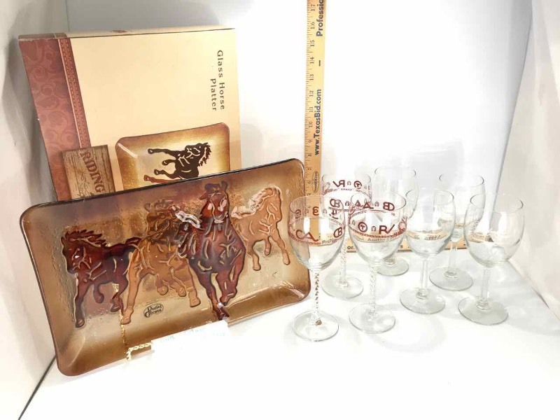 lot 257 image: Glass Horse Platter, Brand Wine Glasses, Chisholm Trail Wine Glasses