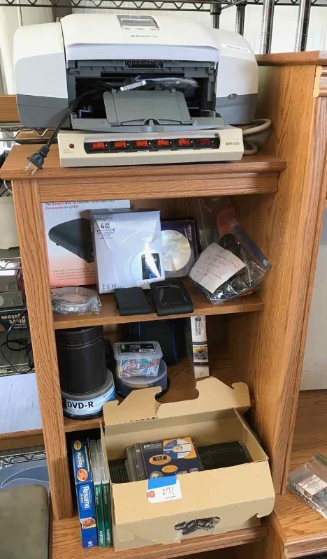 lot 271 image: Asst. Office Items HP Office Jet All In One Printer, Discs, Car Chargers, Etc.