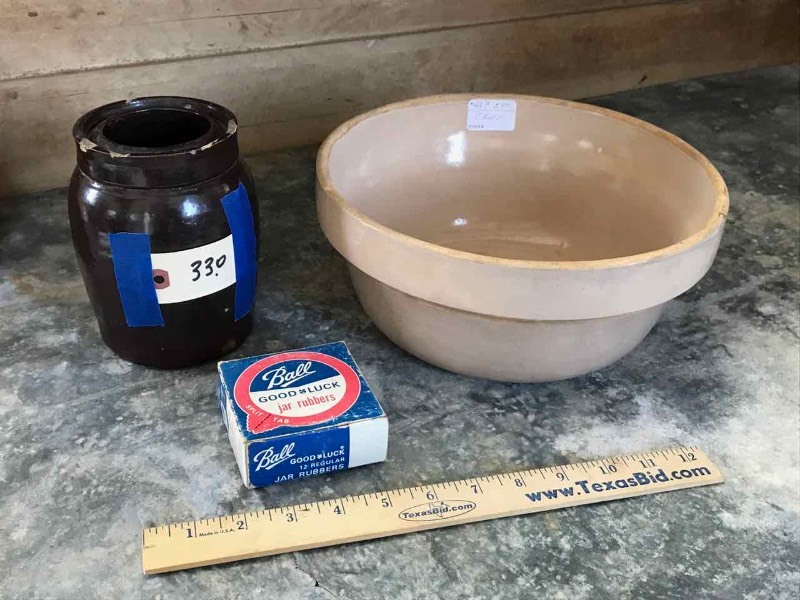 lot 330 image: Stoneware Crock Canning Jar, Stoneware Bowl, Rubbers