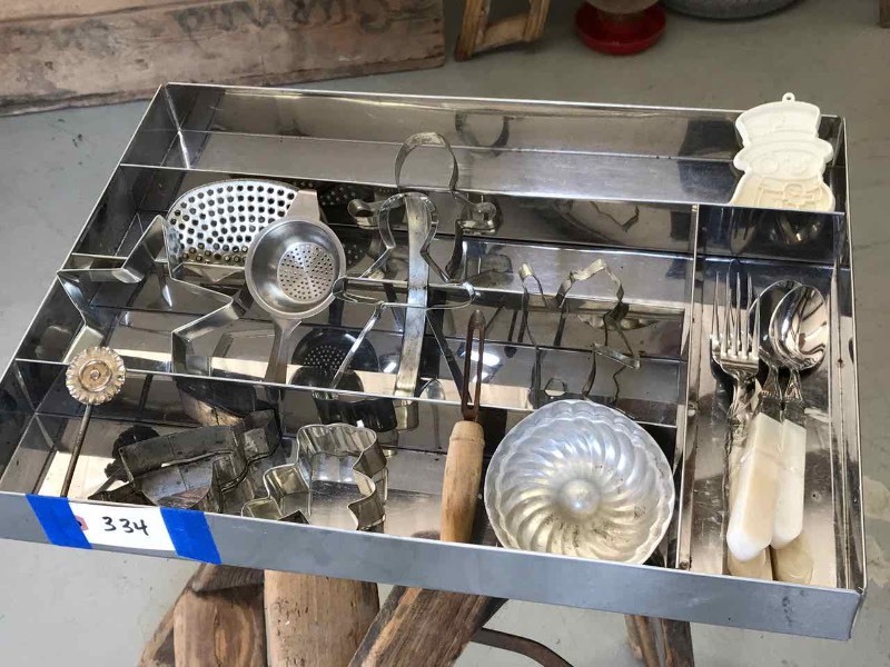 lot 334 image: Drawer Tray, Cookie Cutters, Dough Wheel Trimmer, Flatware