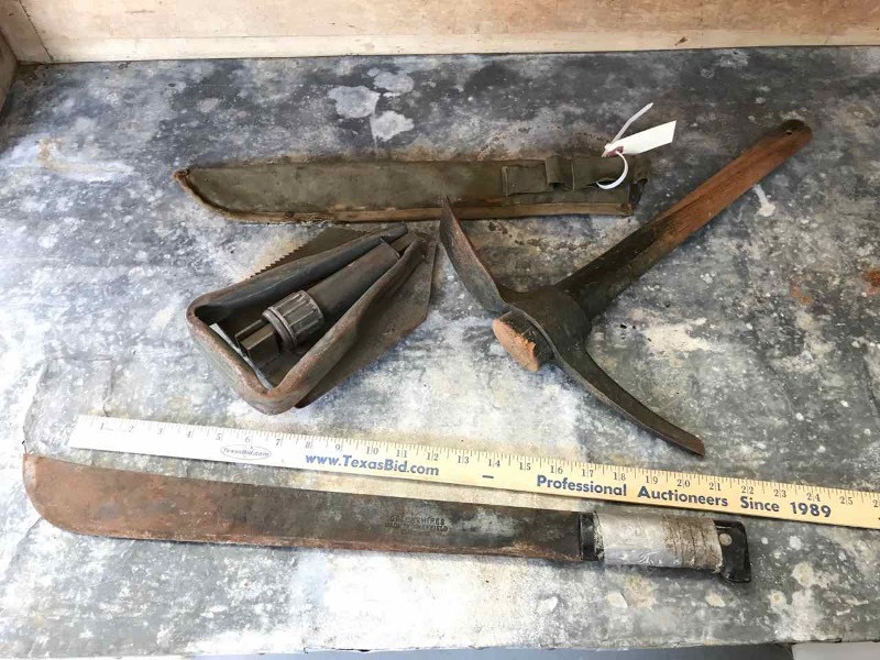 lot 350 image: (3) Military Tools Machete, Folding Shovel, Pick Axe