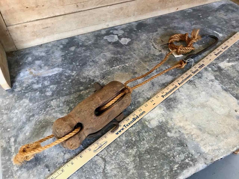 lot 372 image: Antique Block & Tackle with Hand Forged Hardware, Wood Pulley