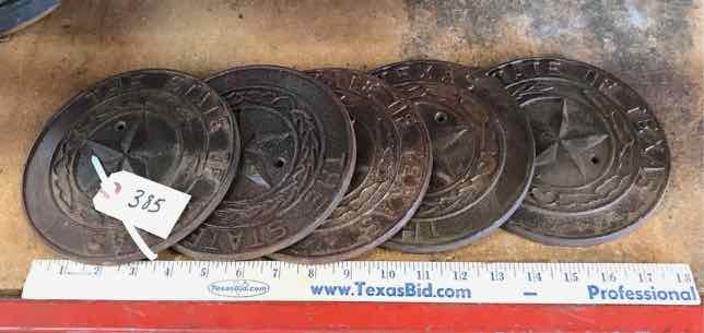 lot 385 image: (5) Cast Iron State of Texas Seals (not old)