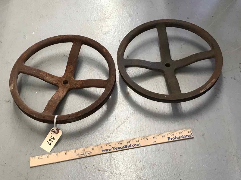 lot 387 image: (2) Antique Pulley Wheels