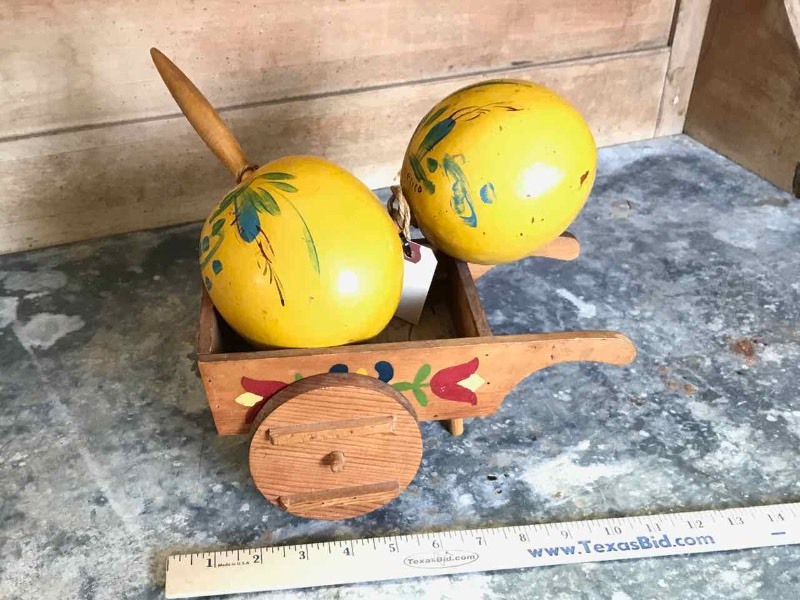 lot 391 image: Little Decorative Folk Art Cart & Pair of Yellow Maracas