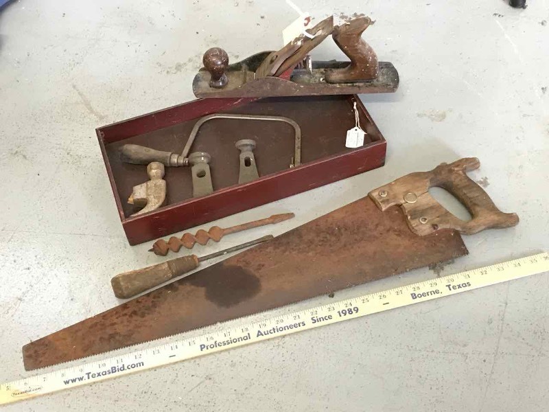 lot 412 image: Old Wood Working Tools Craftsman 14 Wood Plane, Hammer Heads, Coping Saw, Hand Saw, Wood bit