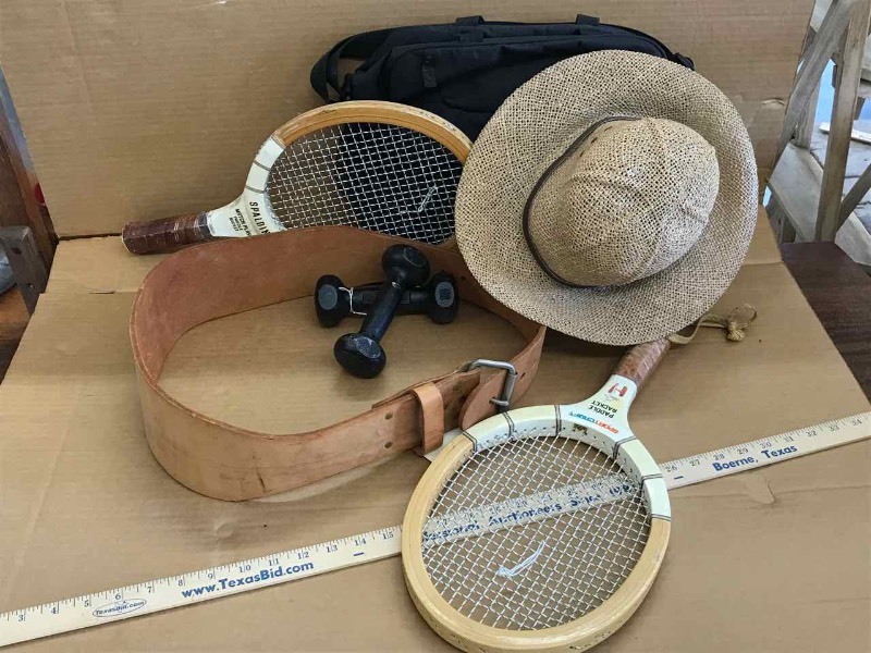 lot 438 image: (2) Racquets, Leather Weight Belt, (2) 3lb. Hand Weights