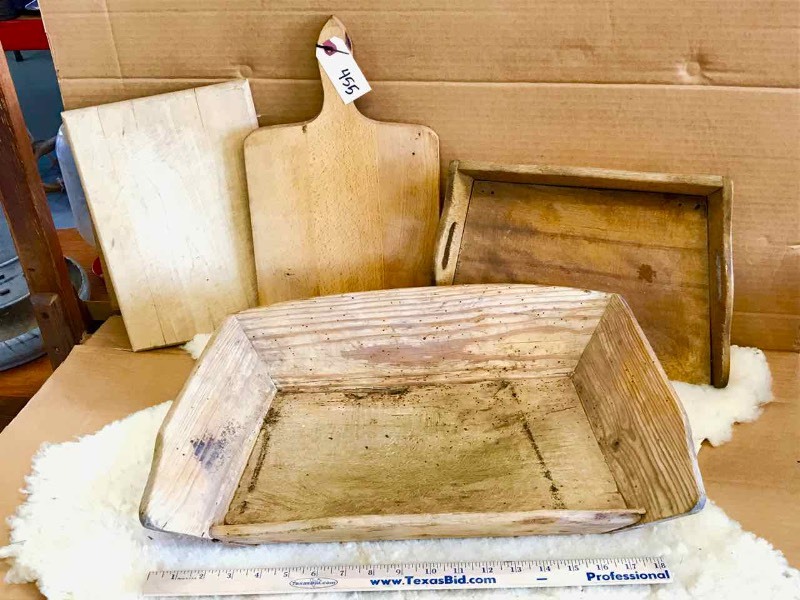 lot 455 image: (1) Handled Maple Cutting Board, (1) Small Rectangular Cutting Board, (2) Dough Trays