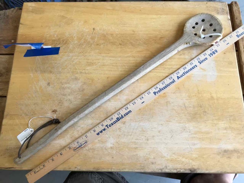 lot 470 image: Antique Primitive Long Handled Wooden SkimmerStraining Spoon