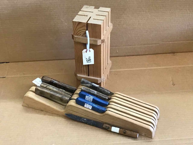 lot 481 image: Asst. Kitchen Knives, Block, Drawer Holder