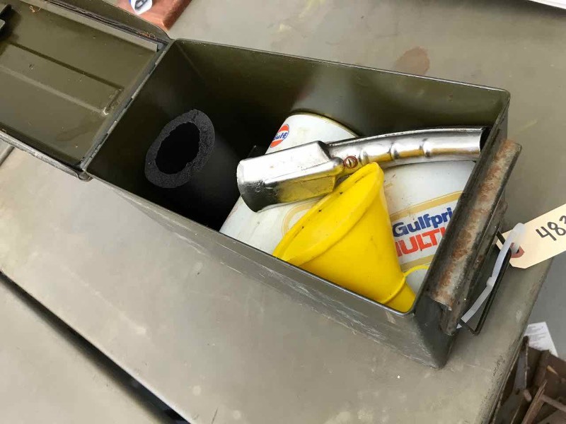 lot 483 image: (2) Vintage Gulf Oil Cans with Opener & Ammo Can