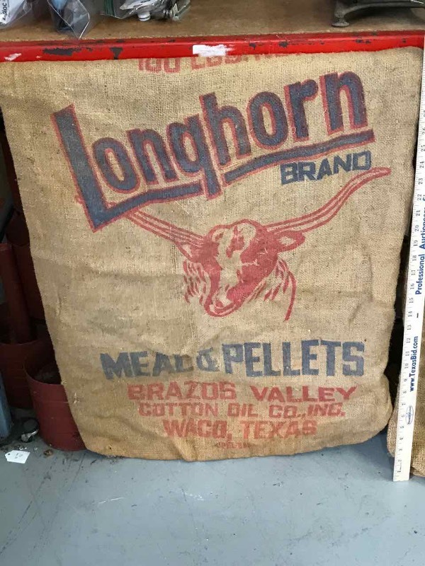 lot 620 image: Old Burlap Feed Bag  Longhorn