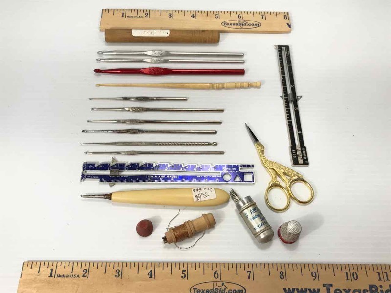 lot 631 image: SewingNeedlework Items Shuttles, Thimbles, Sewing Kit, Scissor, Etc.