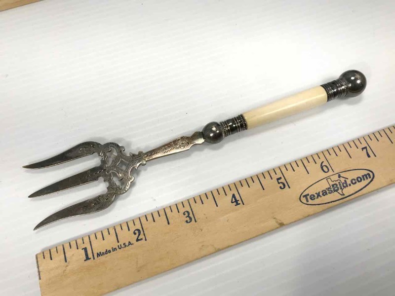 lot 632 image: Ivory Handled Ornate SilverPlate Serving Fork