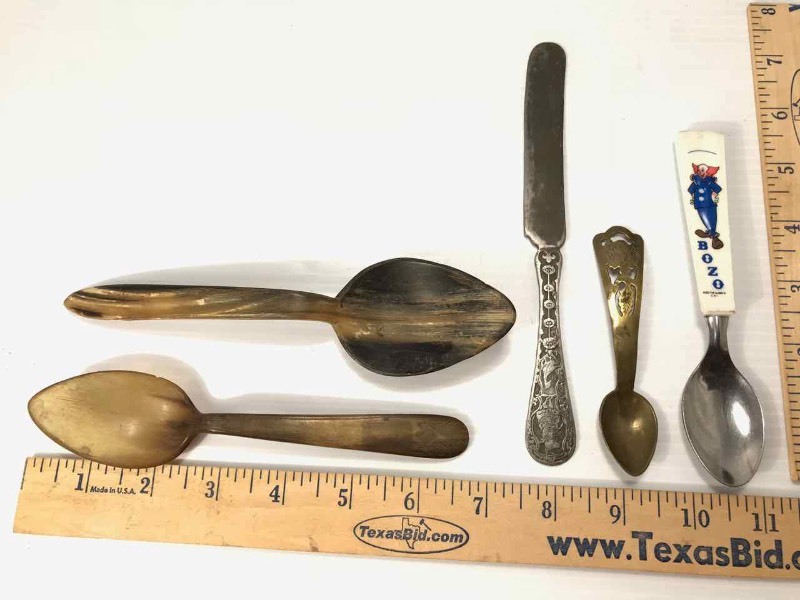 lot 634 image: Carved Horn Spoons, Fairy Tale Knife, Bozo Spoon, Little Brass Spoon
