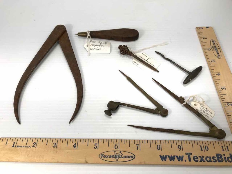 lot 635 image: Old Protractors, Scribe, Caliper, Twig Drill