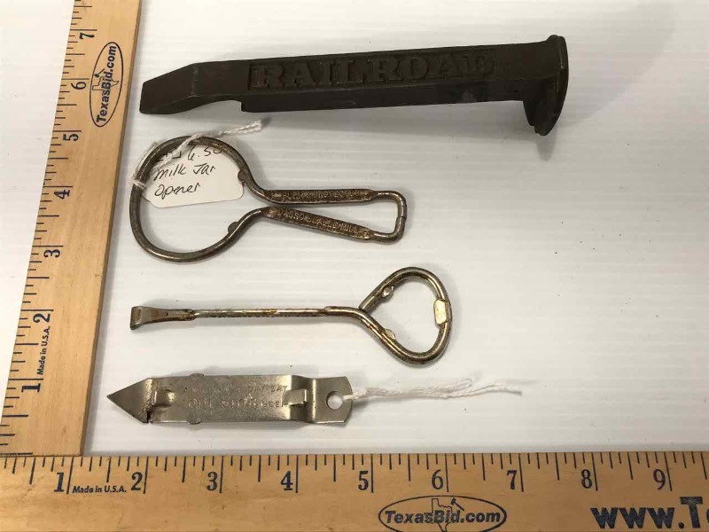 lot 647 image: Asst. Openers Bottle, Milk, Paint (Lone Star, Railroad Spike, Ace Hardware)