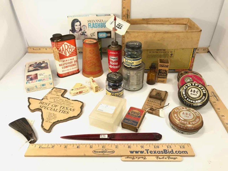 lot 651 image: AdvertisingProduct  Cans, Boxes, Etc. (Texaco, Showalters Dairies Milk Container, Ohio Match, Bowls Files)