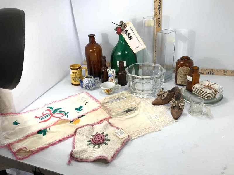 lot 658 image: Asst. Bottles, Vases, Glass Ashtray, Bowl, Doiley, Etc.