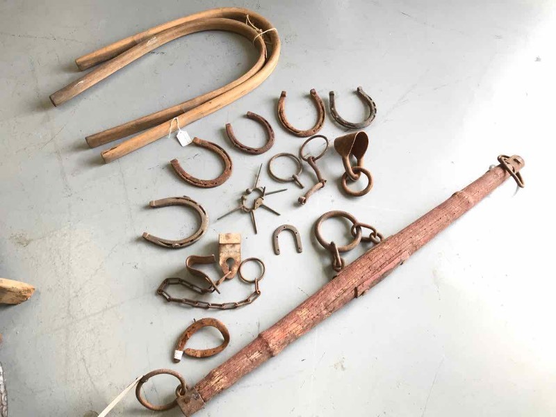 lot 659 image: Single Tree, Calf Shackle, Weener, MuleHorse Shoes, Ox Bows, Etc.