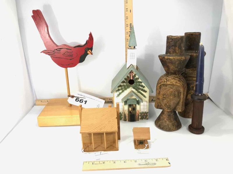 lot 661 image: Red Bird, Bird House, Candle Holders, Tacks Shelter, Etc.