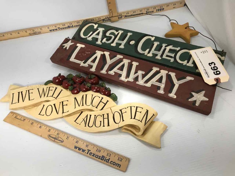 lot 663 image: (2) Signs Live Laugh Love and Cash Checks Layaway