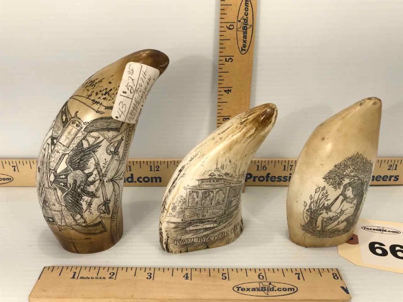 lot 668 image: (3) Resin Replicas of Scrimshawed Whale Tooth