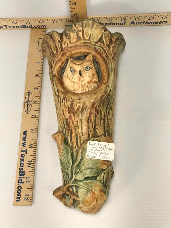 lot 672 image: Art Pottery  Weller Woodcraft Owl In Tree Wall Vase