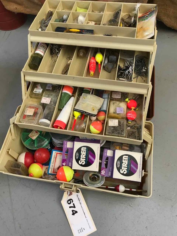 lot 674 image: Tackle Box with Spinners, Hooks, Weights, Etc.