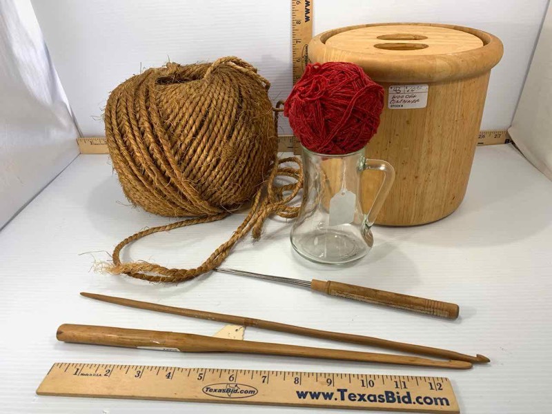 lot 68 image: Ball of Rope, Canister, Wood Knitting Needles, Etc.