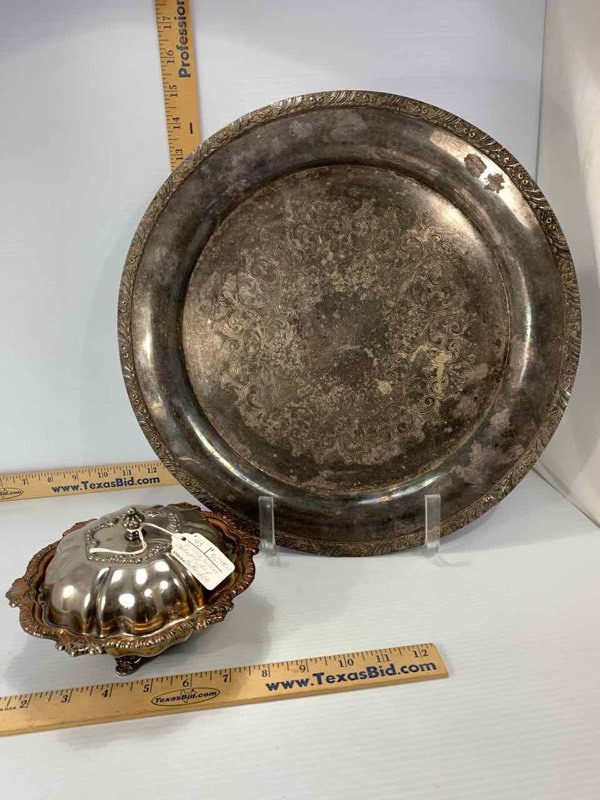 lot 69 image: Silver Plated Footed Lidded Butter Dish, Serving Tray