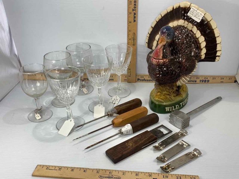 lot 72 image: Wine Glasses, Wild Turkey Decanter, Vintage Ice Picks, Bottle Openers, Small Ice Hammer