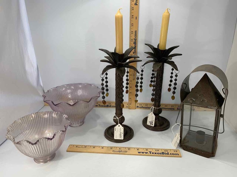 lot 78 image: (2) Glass Shades, Palm Tree Candle Holders, Lantern